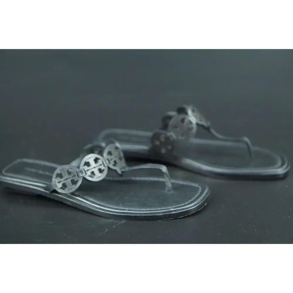 Tory Burch Miller Tiny Black Leather Thong Sandals SZ 7.5 $235 Logo Flip Flop